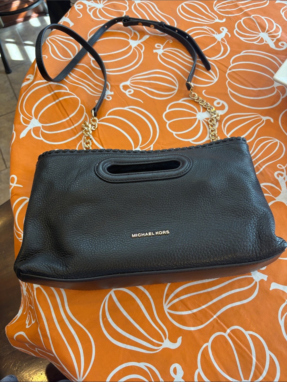 Michael Kors Black Pebbled Leather Shoulder Bag with Gold Chain Accent